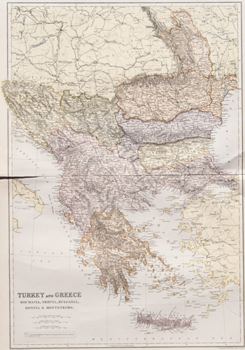 Turkey and Greece
Roumania, Servia [Serbia], Bulgaria, Bosnia & Montenegro antique map from 1882